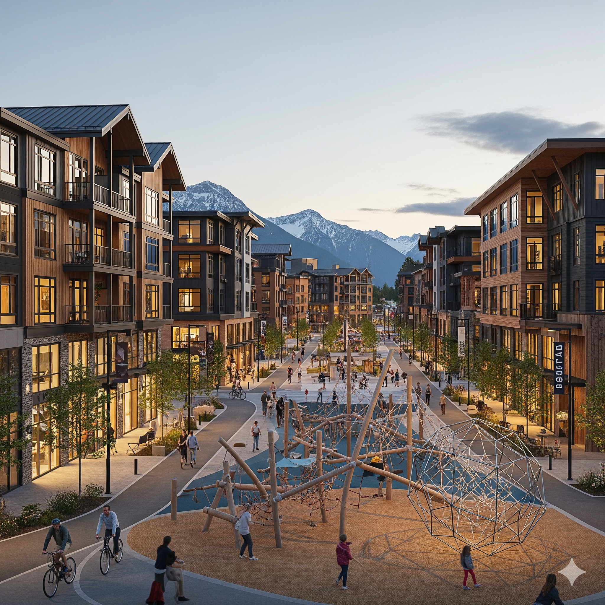 novus central plaza — mixed-use buildings surrounding an active public square at dusk
