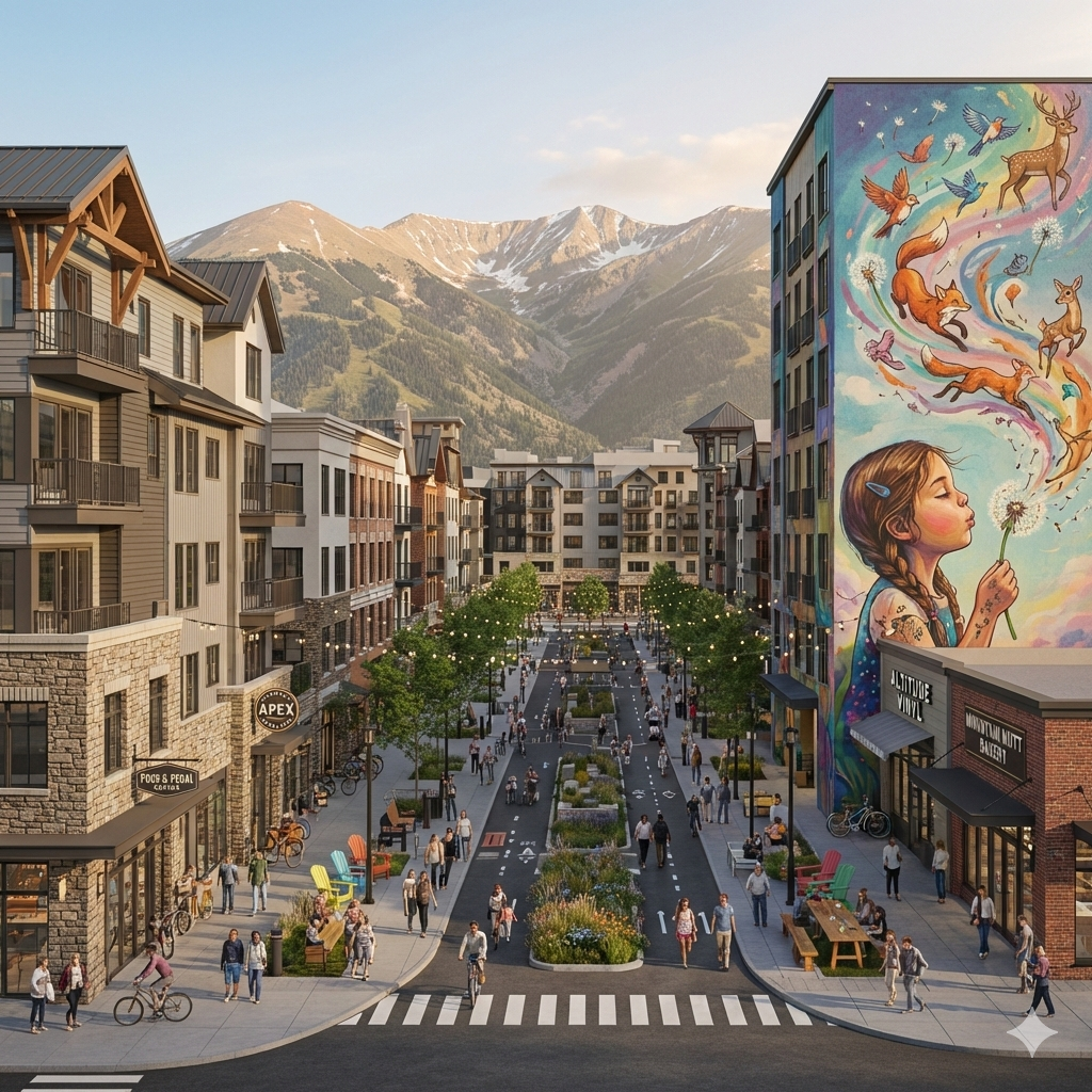novus main street — pedestrian boulevard with mountain backdrop and mixed-use buildings